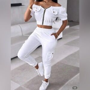 White Off-Shoulder Top and Jogger Set